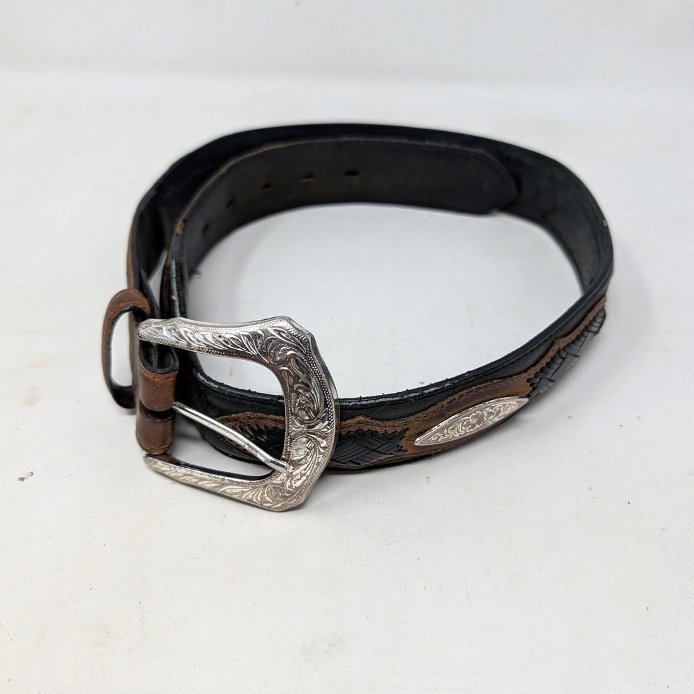 3-D Belt Co Mens 32 Western Leather Belt Engraved Buckle Basketweave Black Brown